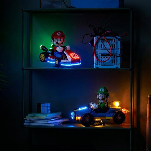 LEGO Super Mario Mario Kart 72037 and Luigi Mach 8 72050 lit by LED kits