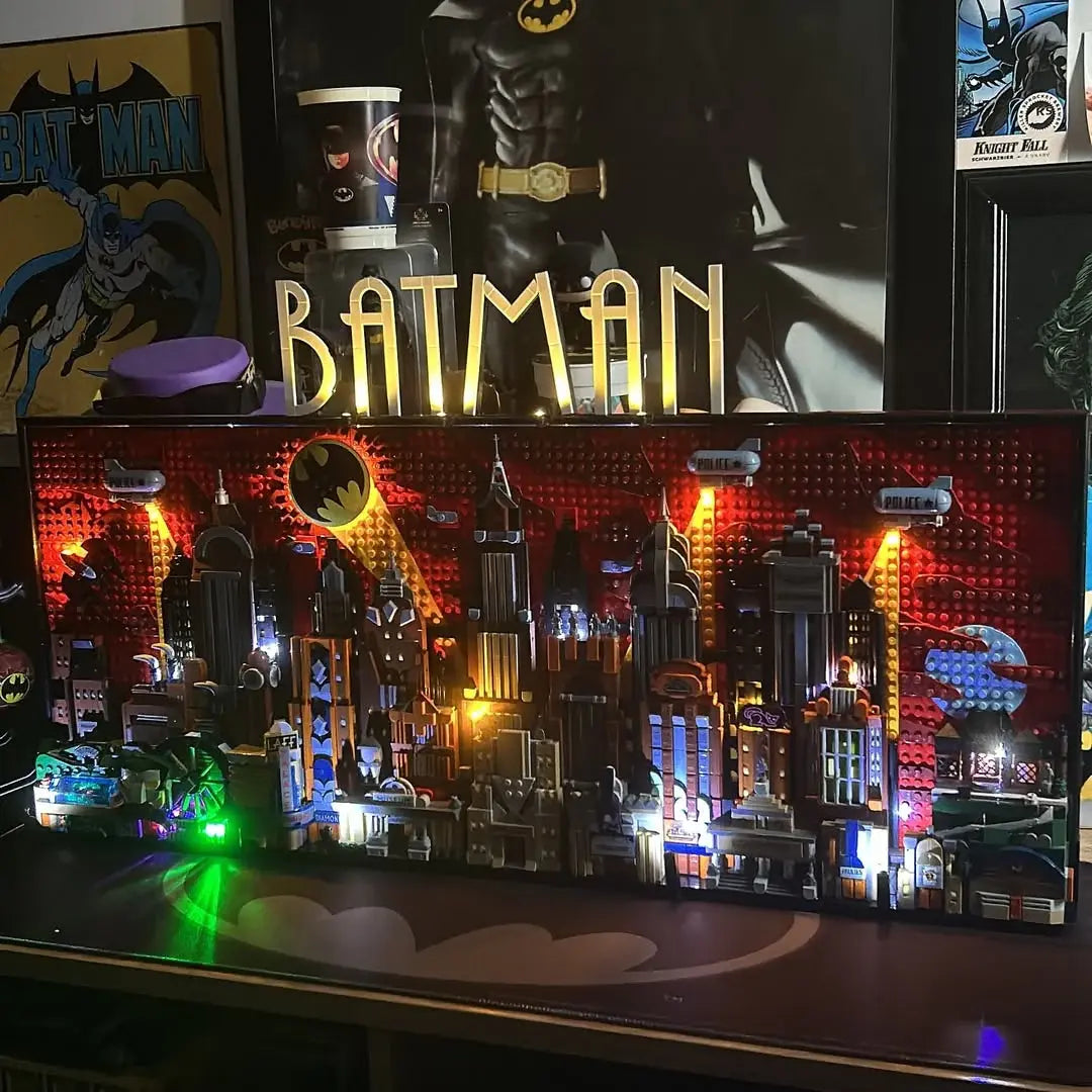 LEGO® Batman: The Animated Series Gotham City™ lit up with BrightMyBricks lights.
