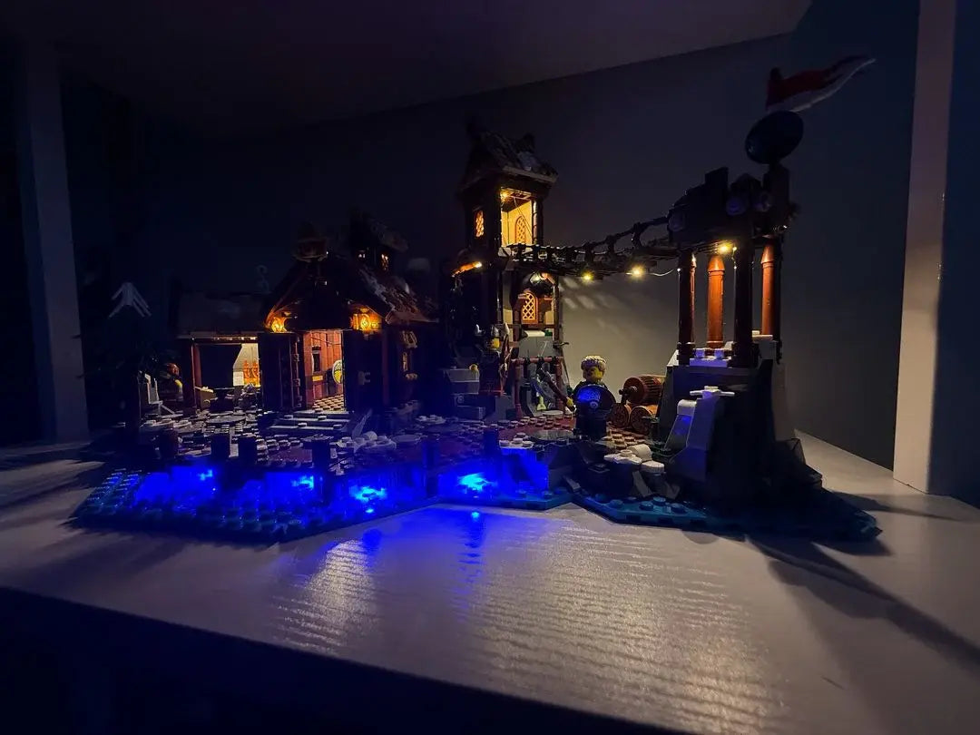 LEGO® Viking Village series with street lighting – customer display enhanced with BrightMyBricks lights.