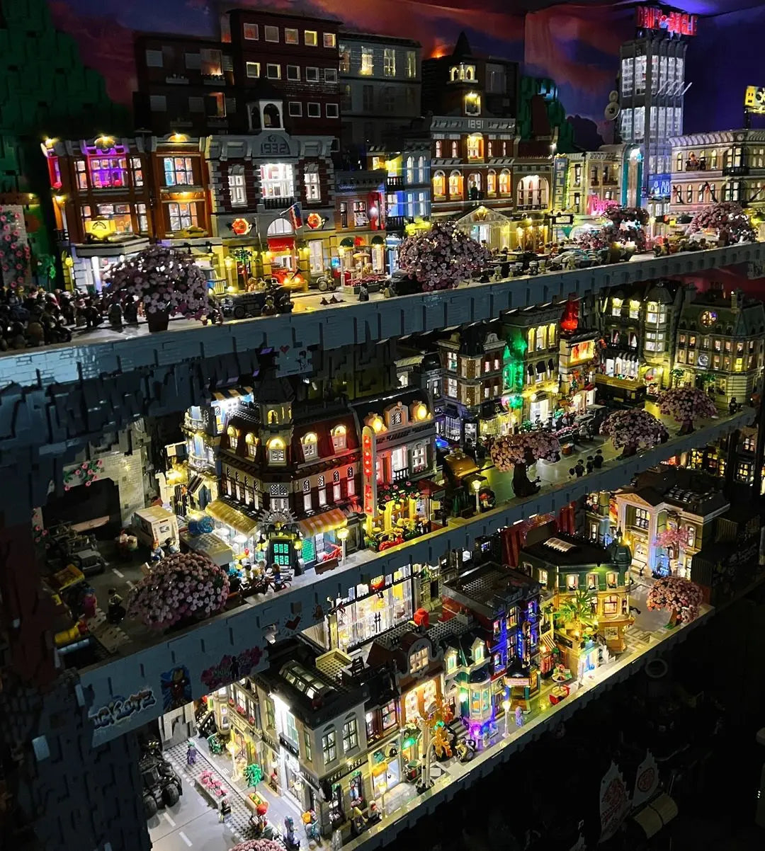 LEGO® modular street fully illuminated – BrightMyBricks LED lighting showcase by customer.