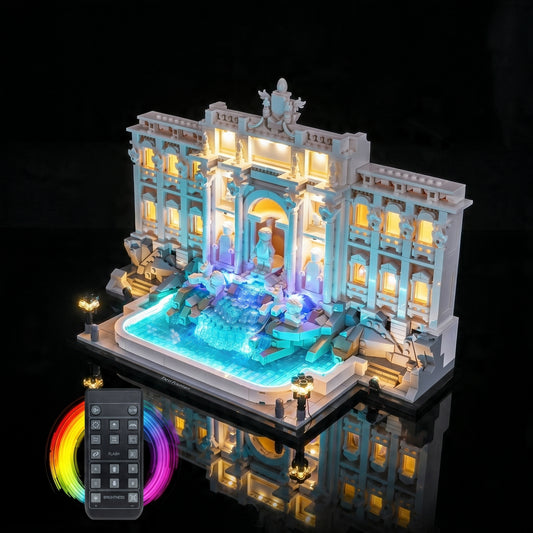 LEGO® Architecture Trevi Fountain #21062 lighting effect on the build, with the USB-powered LED light kit