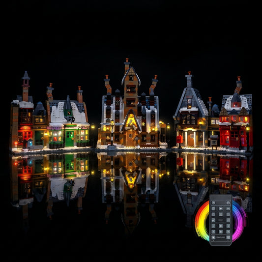DIY LED light kit for LEGO® Harry Potter Hogsmeade Village #76457, fully illuminated on display