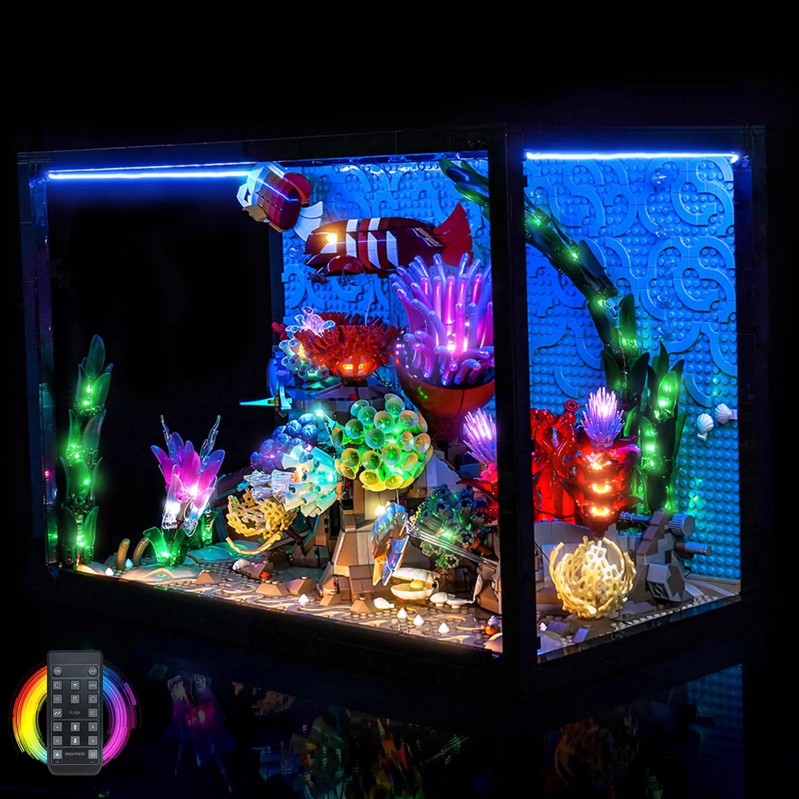 The LEGO Icons Tropical Aquarium 10366 is vibrantly illuminated with a premium LED light kit by Bright My Bricks.