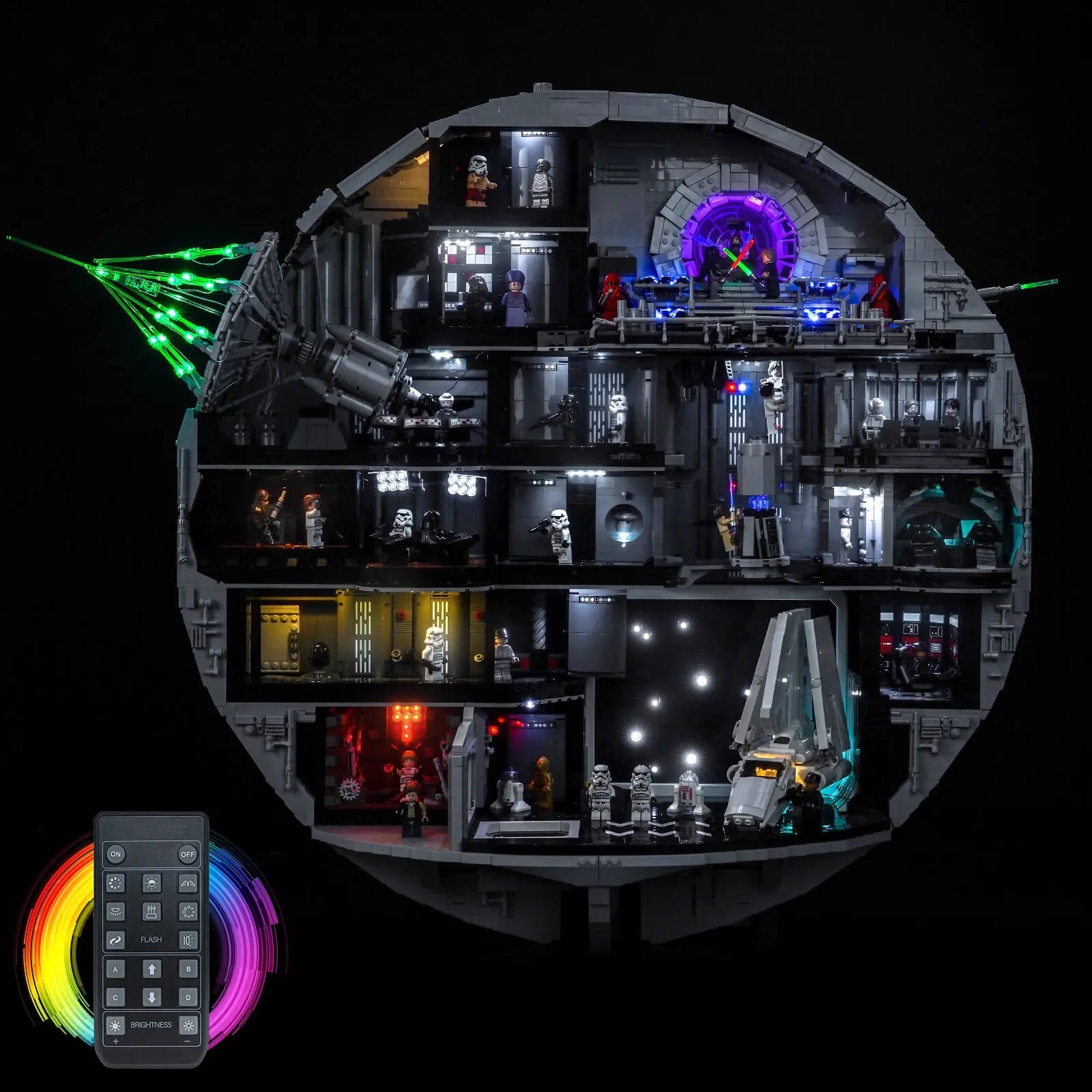 The LEGO Star Wars Death Star 75419 model fully illuminated with a custom light kit for LEGO by Bright My Bricks.