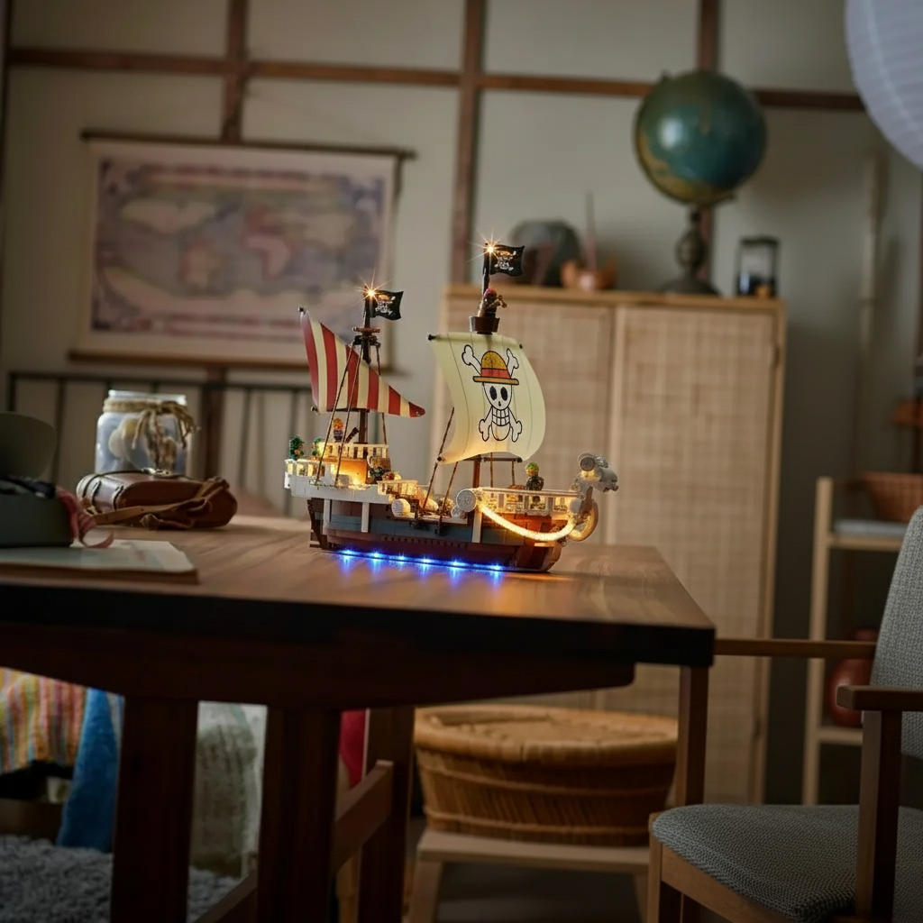 Lanterns glow warmly on the LEGO Going Merry ship 75639, creating a perfect display with our lighting kit.