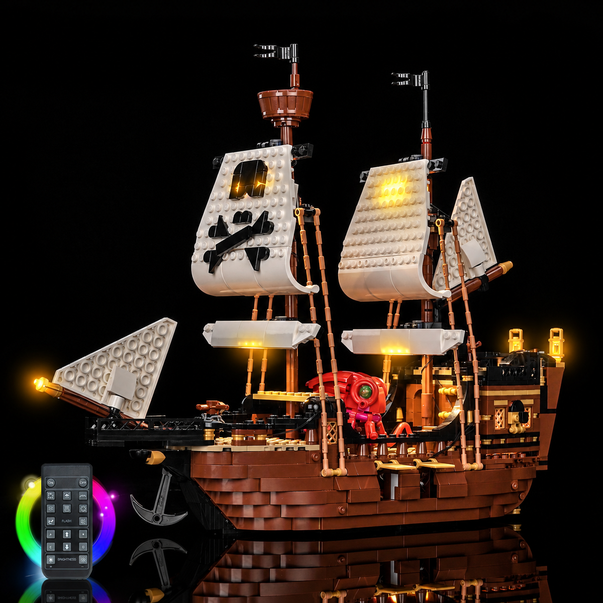 Remote-controlled light kit for LEGO Iconic Pirate Ship 31387 with colour and brightness controls