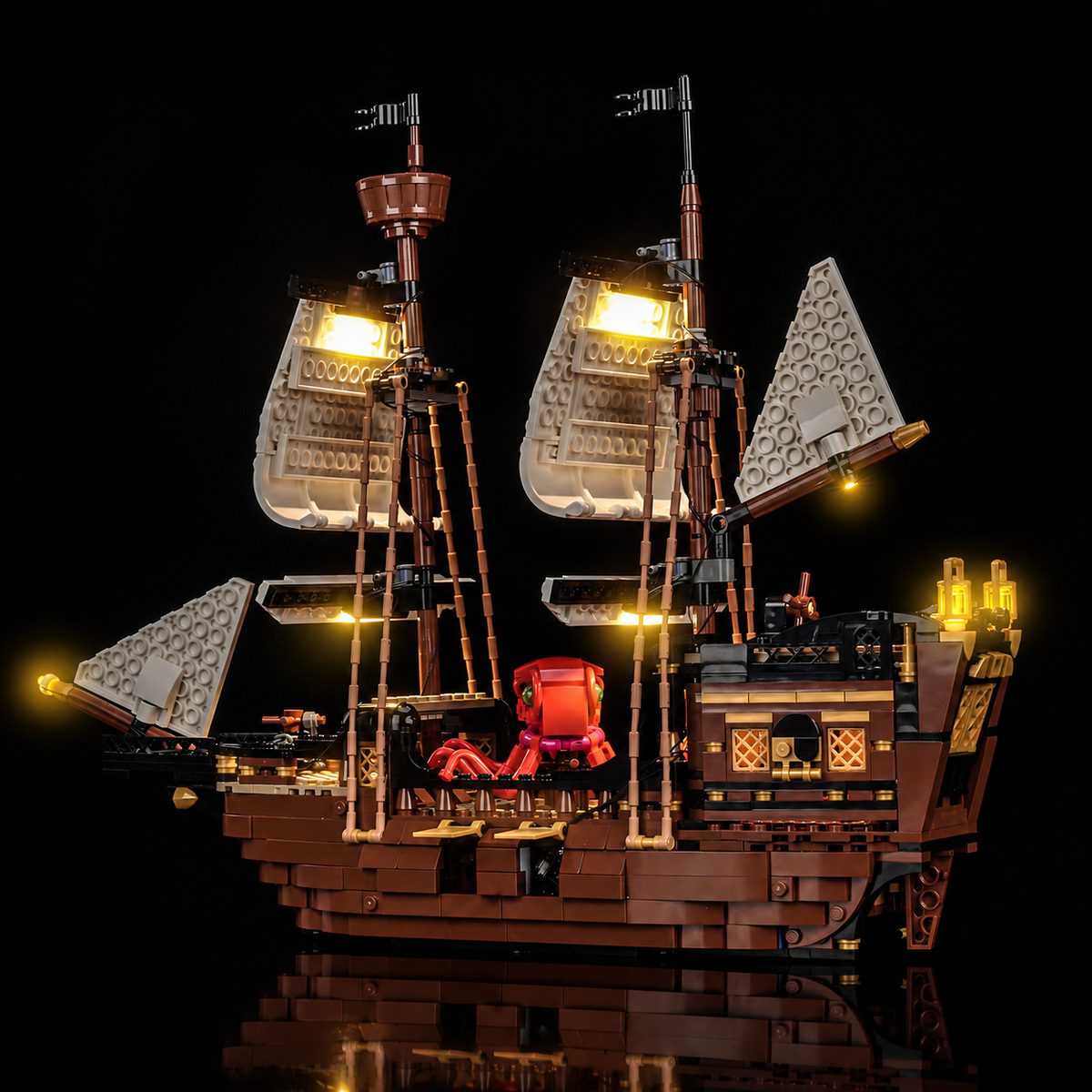 Side view of LEGO Iconic Pirate Ship 31387 showing the lit deck, octopus and stern lanterns