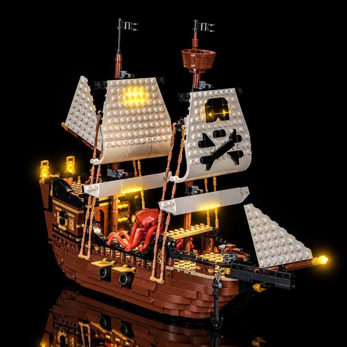 Starboard view of LEGO Iconic Pirate Ship 31387 with glowing sails and illuminated octopus deck