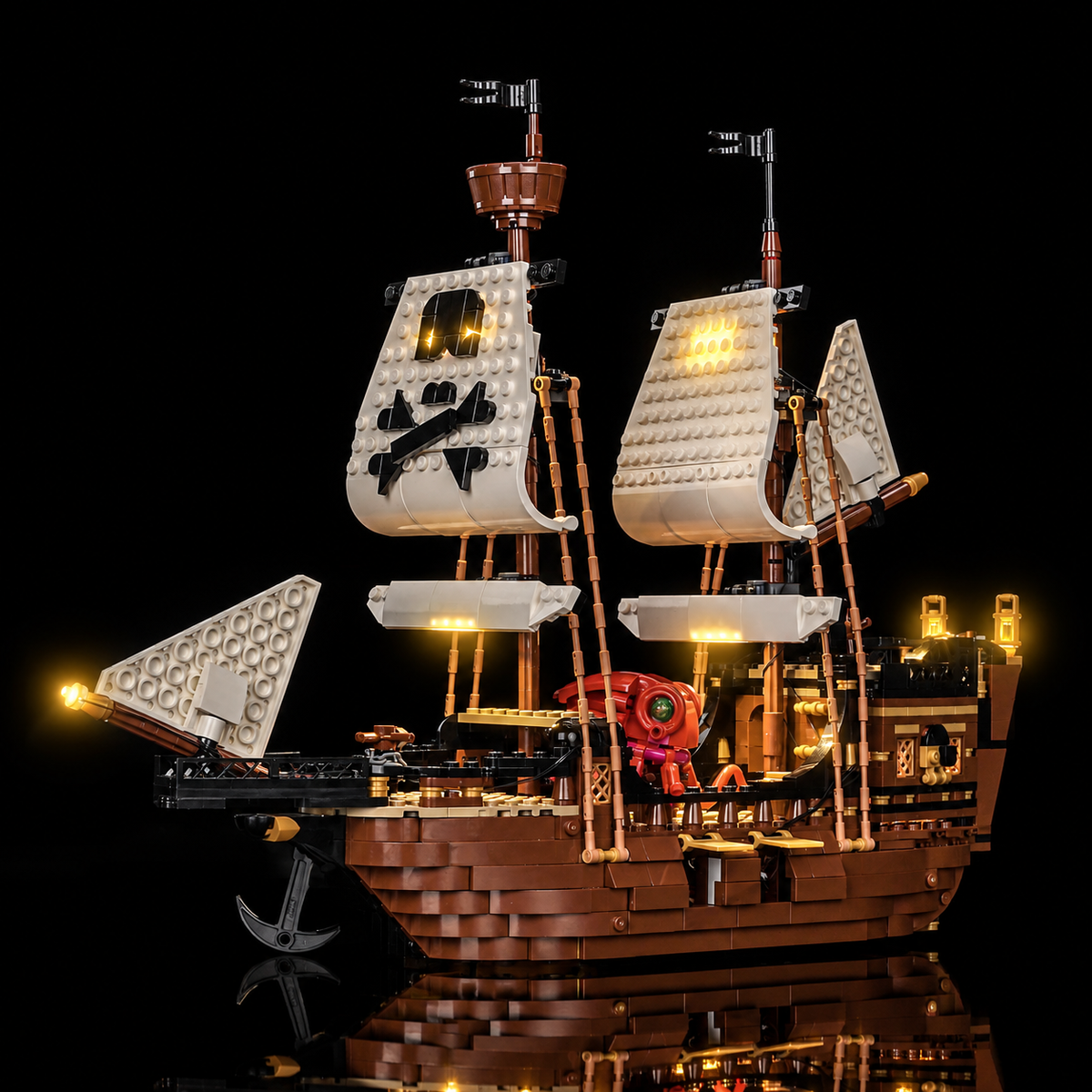 Port-side view of LEGO Iconic Pirate Ship 31387 lit across the sails, deck and stern