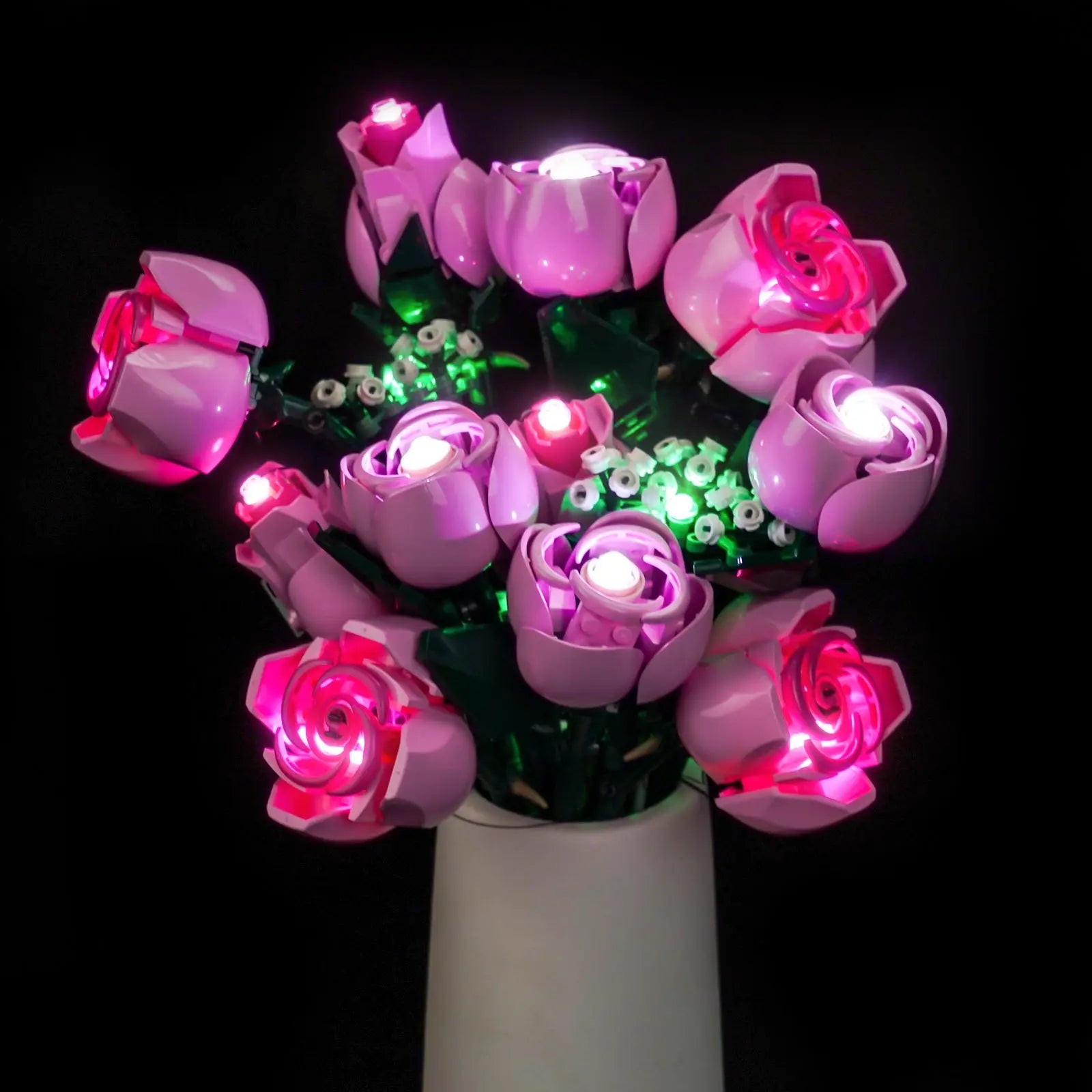 The LEGO Bouquet of Pink Roses 10374 is beautifully illuminated by a custom LED light kit from Bright My Bricks.