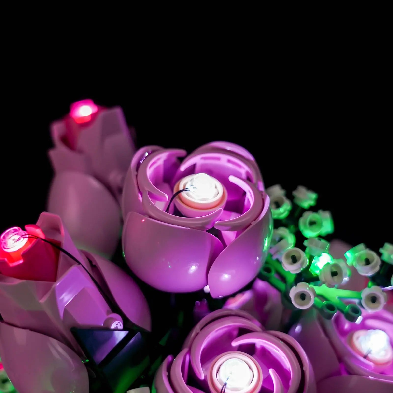 The warm white lights from our kit give the LEGO Pink Roses a soft, natural, and sophisticated glow.