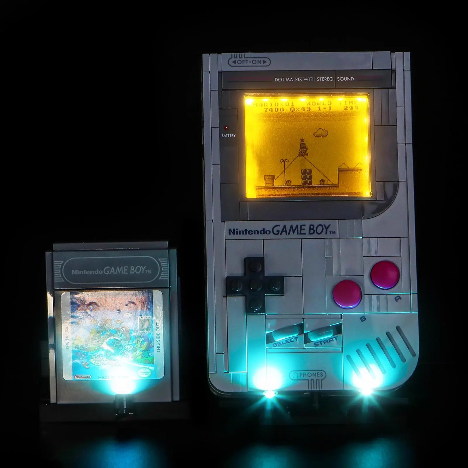 The 'A' and 'B' buttons and D-pad of the LEGO Game Boy 72046 are backlit with a soft glow from our light kit.