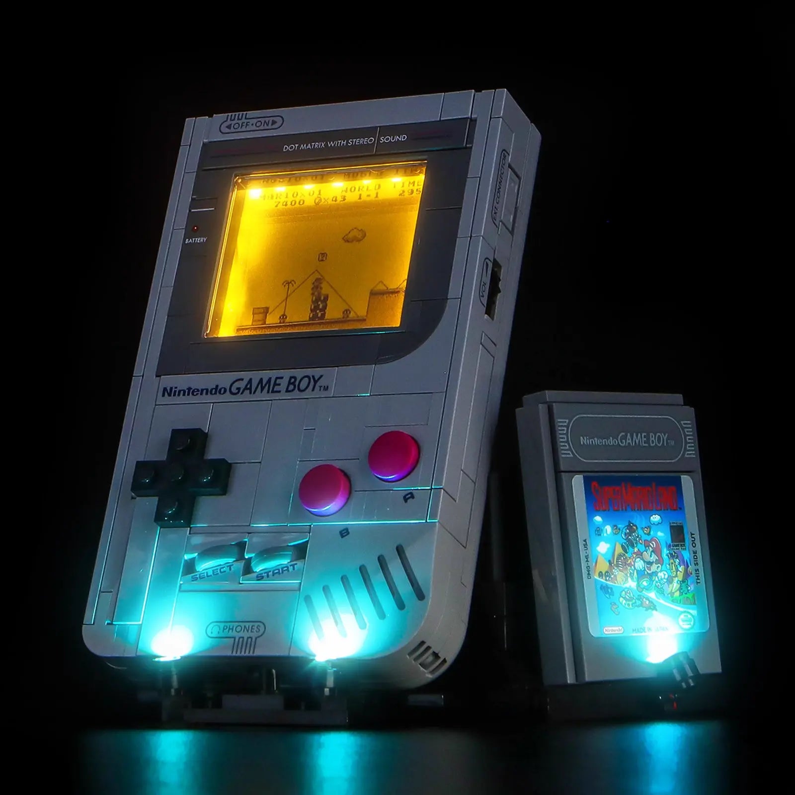 The 'A' and 'B' buttons and D-pad of the LEGO Game Boy 72046 are backlit with a soft glow from our light kit.