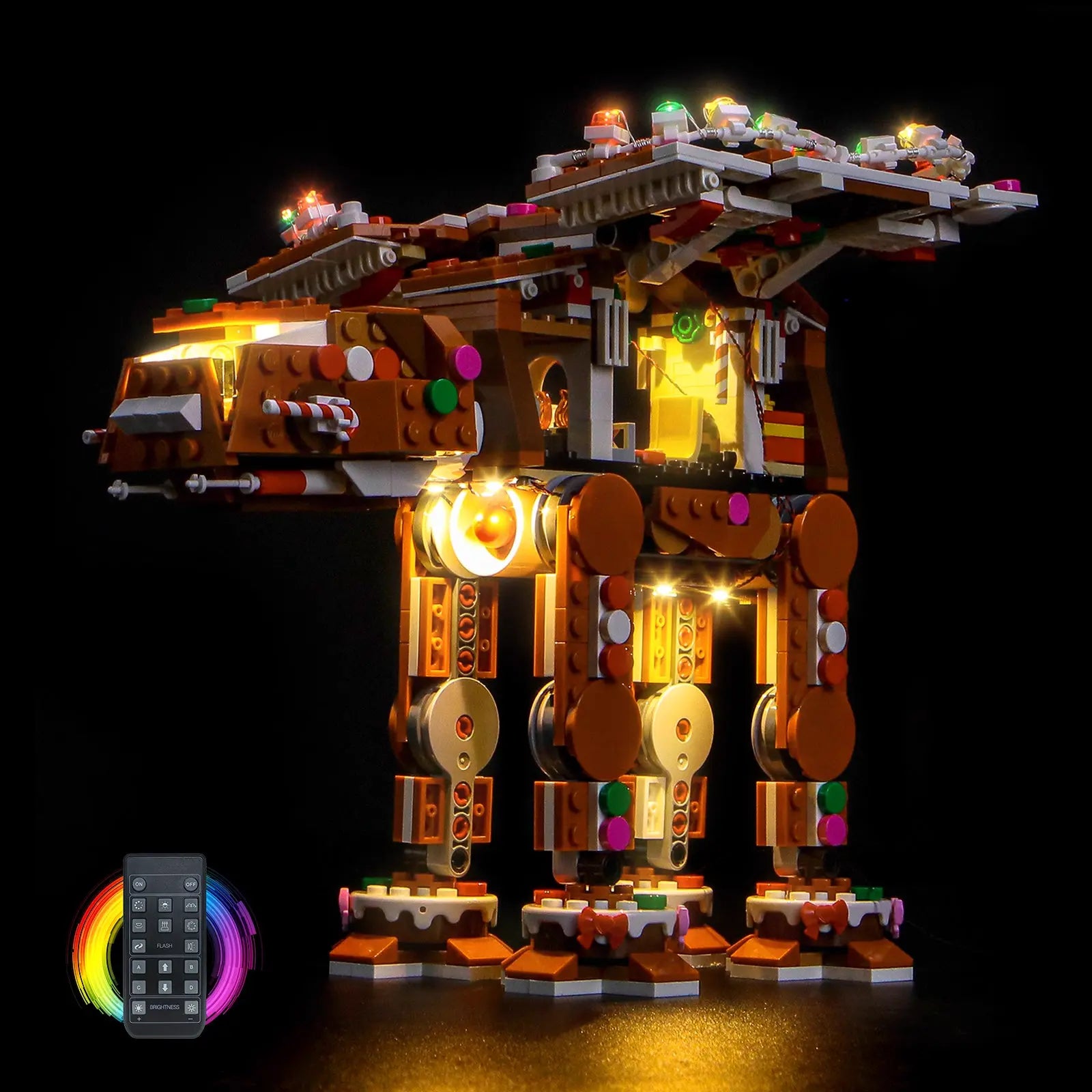 A close-up on a glowing candy cane or frosting detail, part of the fun, festive Bright My Bricks light kit.