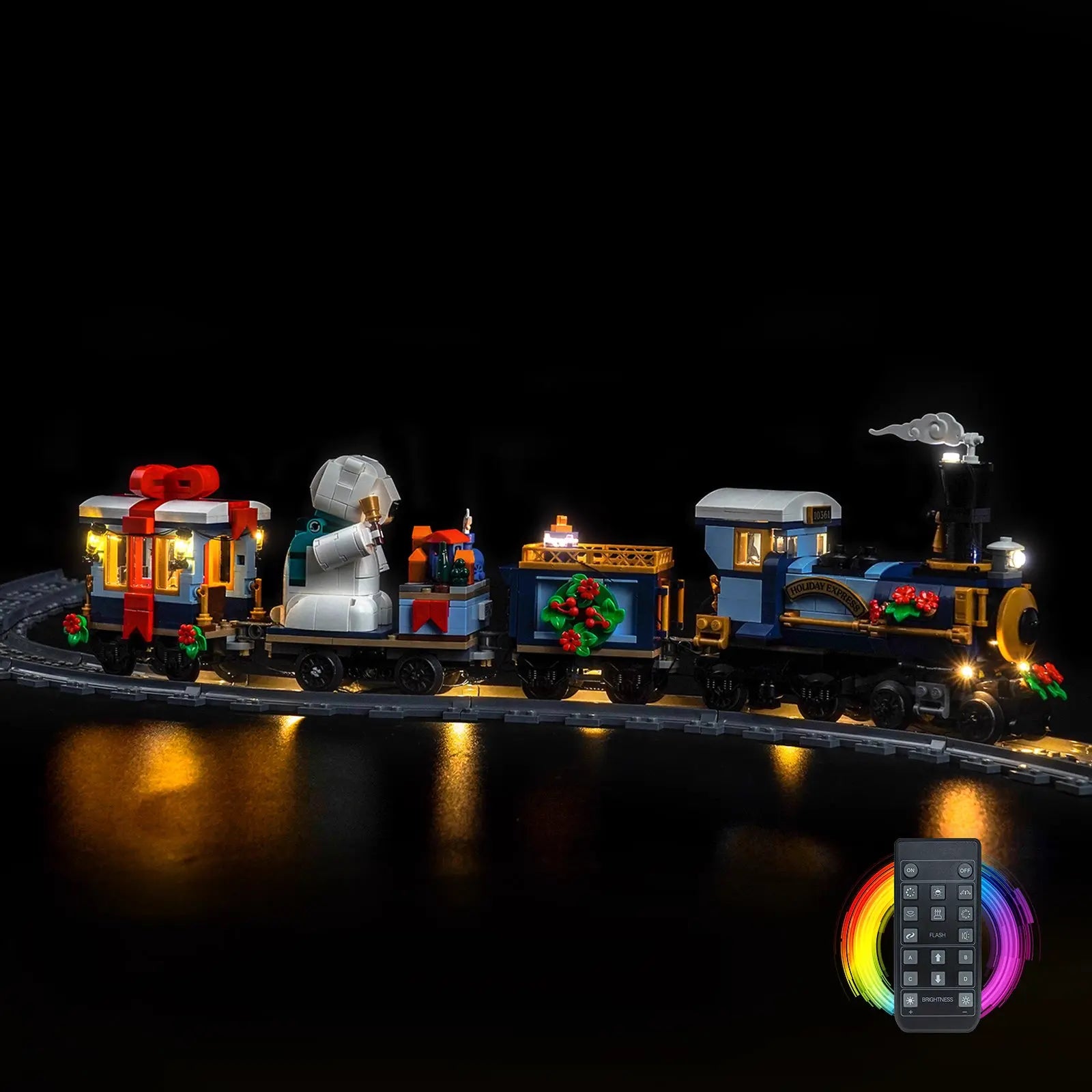A magical nighttime shot of the fully illuminated LEGO Holiday Express Train, creating a perfect Christmas display.