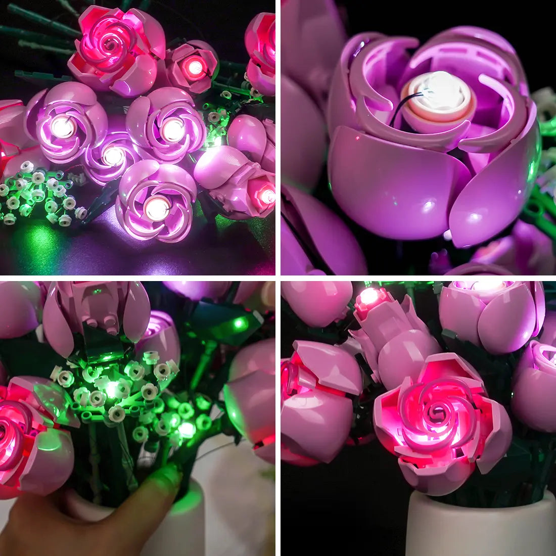 The illuminated LEGO Bouquet of Pink Roses creates a warm, romantic ambient glow in a dark room.