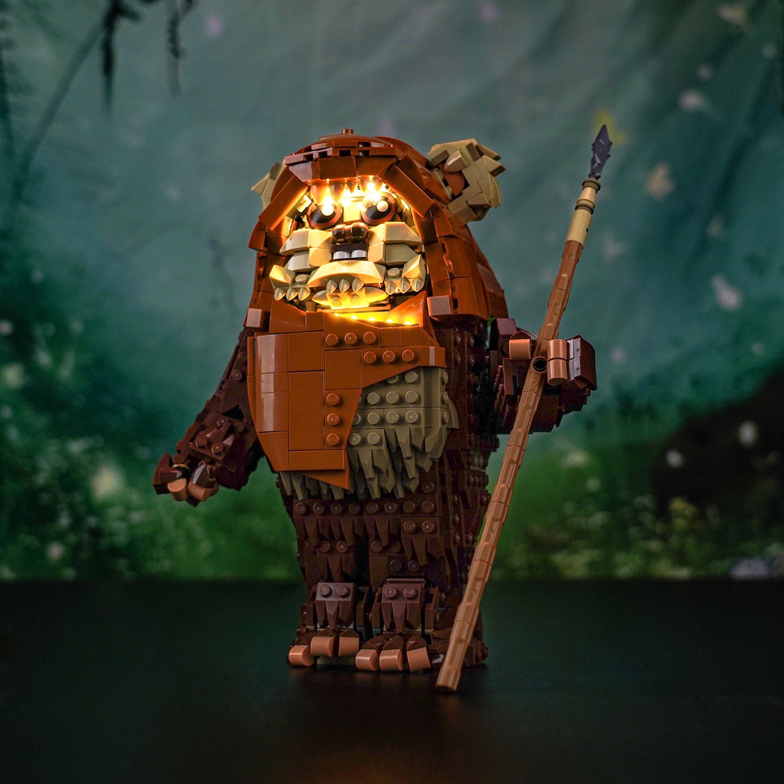 A soft, ambient glow from our light kit gives the LEGO Wicket the Ewok figure a warm and charming presence.