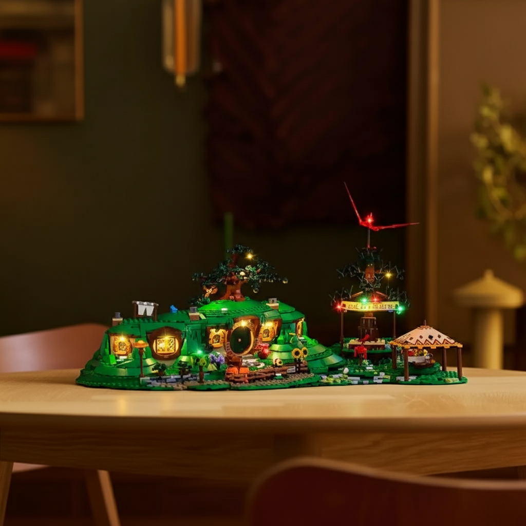 A close-up of Bag End from the LEGO The Shire set, with a warm light shining from its iconic round door and windows.