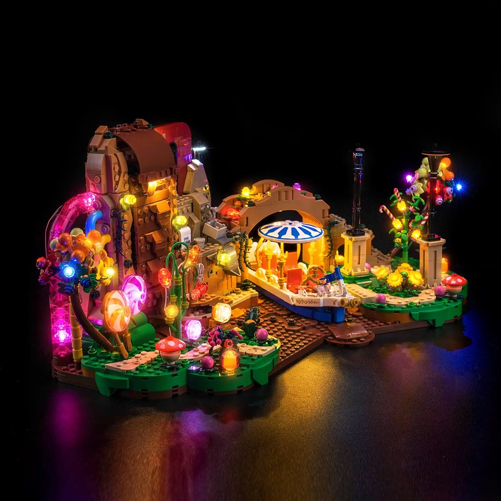 The entire candy room from the LEGO Willy Wonka set 21360, with every candy tree and mushroom shining with magical light.