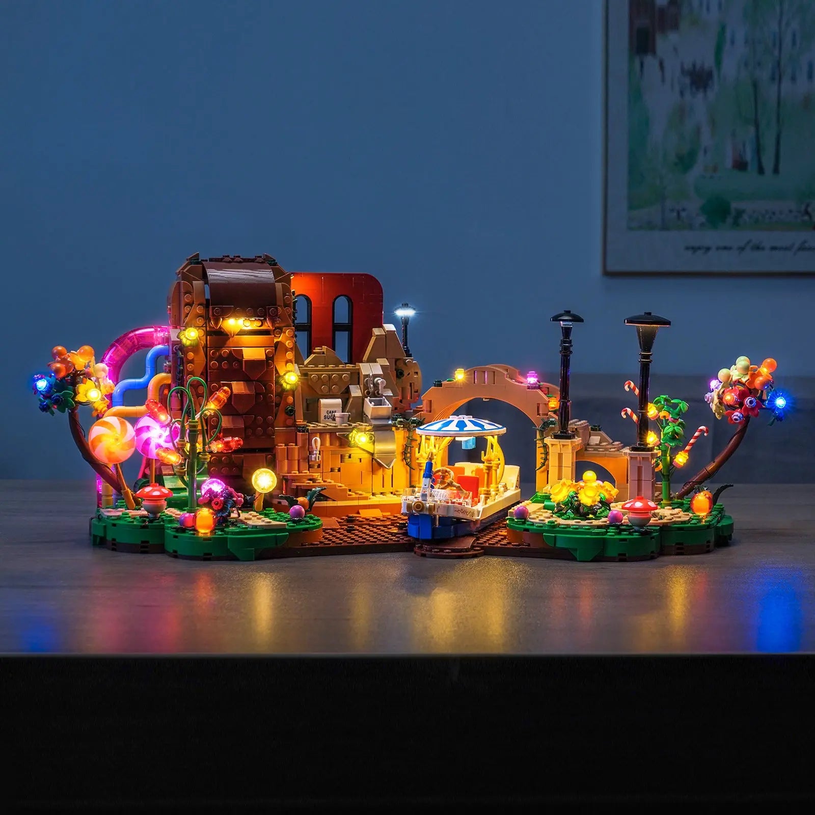 With the remote, you can cycle through a rainbow of colors in the LEGO Willy Wonka factory, creating a dazzling display.
