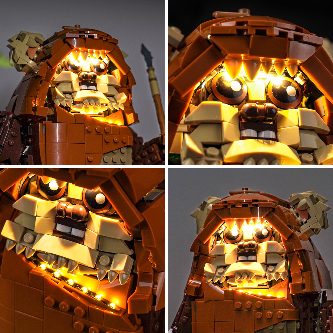 Subtle lighting highlights the brick-built fur texture and expressive eyes of the LEGO Wicket the Ewok 75430 character.