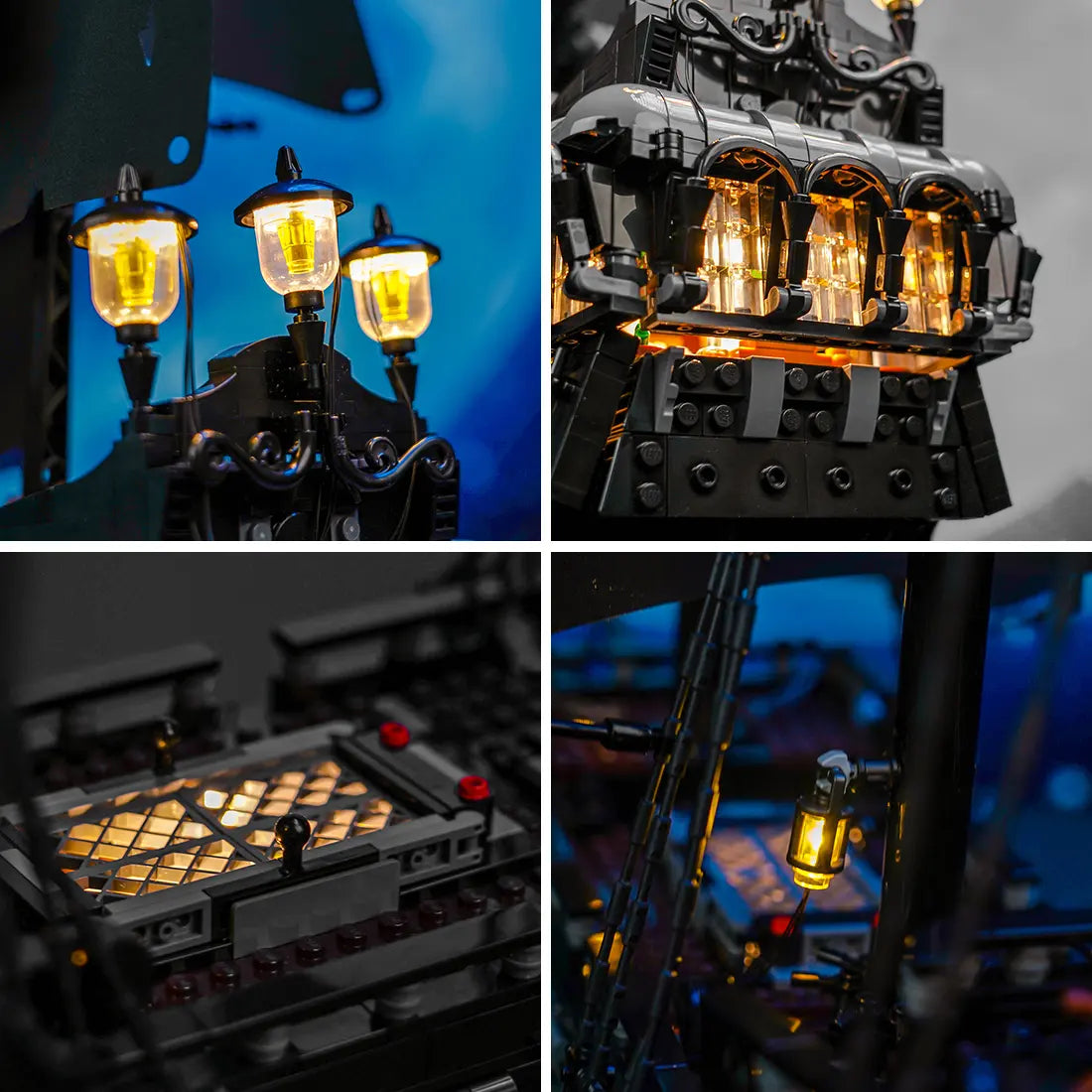 A collage showcasing detailed lighting on the LEGO Pirate Ship 10365, including the captain's cabin, deck lanterns, and rigging.