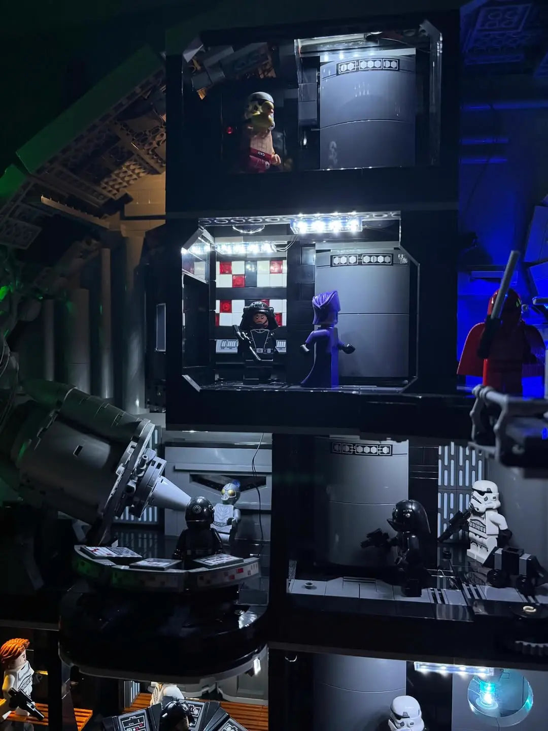 The detention block section of the LEGO Death Star 75419 is lit with cold, white lights from the Bright My Bricks kit.