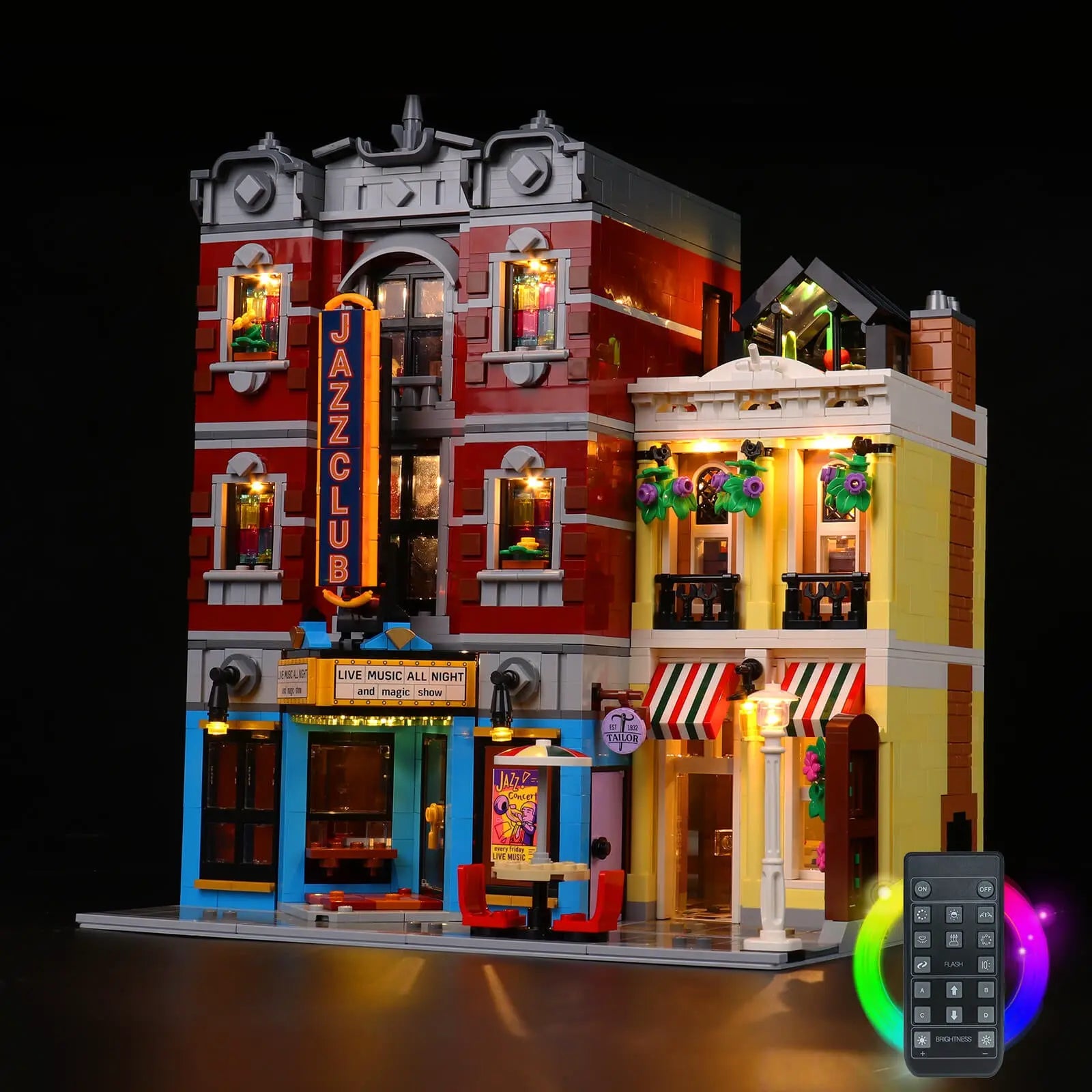The LEGO Icons Jazz Club 10312 brilliantly illuminated by a custom Bright My Bricks LED light kit, highlighting its vibrant facade.