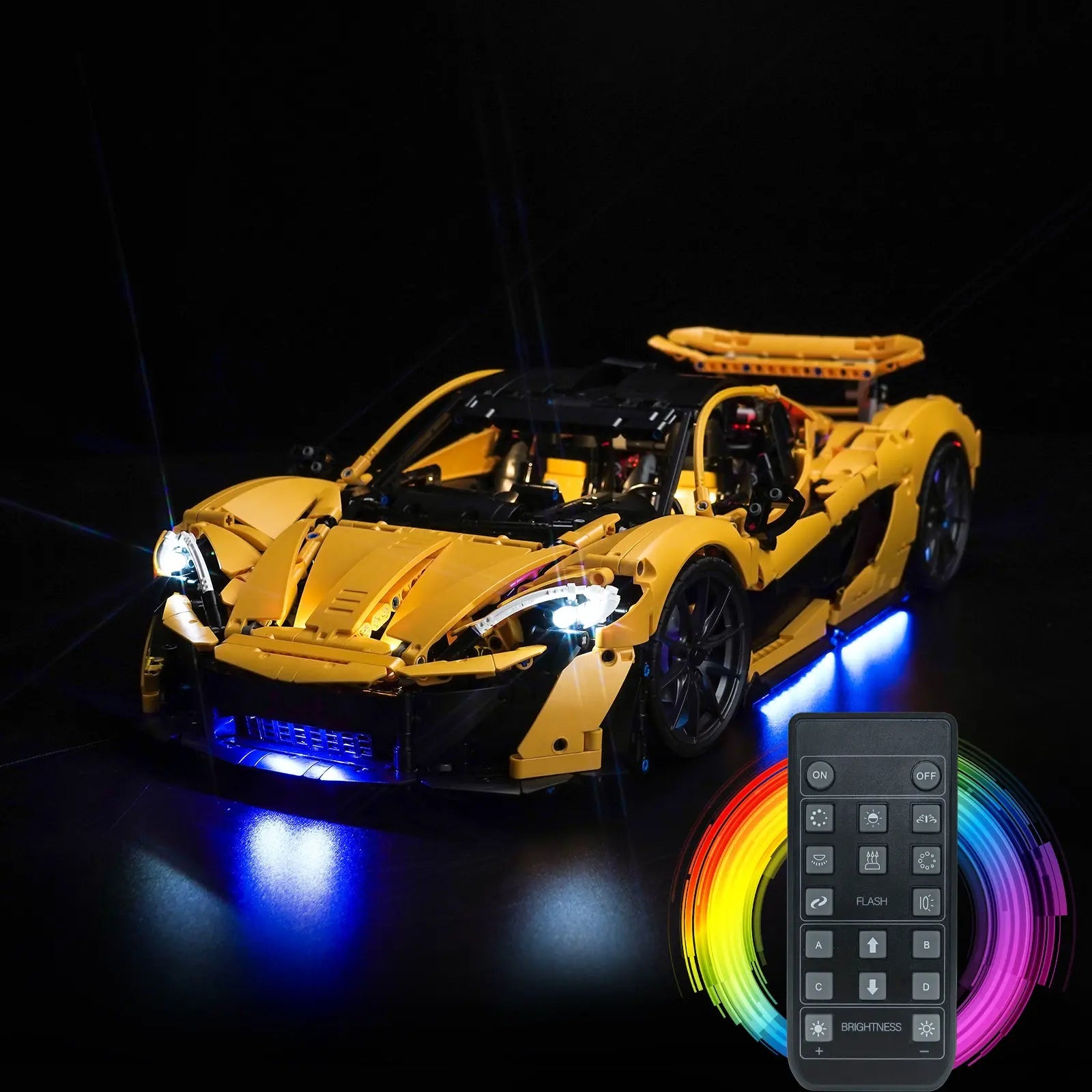 The LEGO Technic McLaren P1 42172 transformed with a custom Bright My Bricks LED light kit illuminating its headlights.