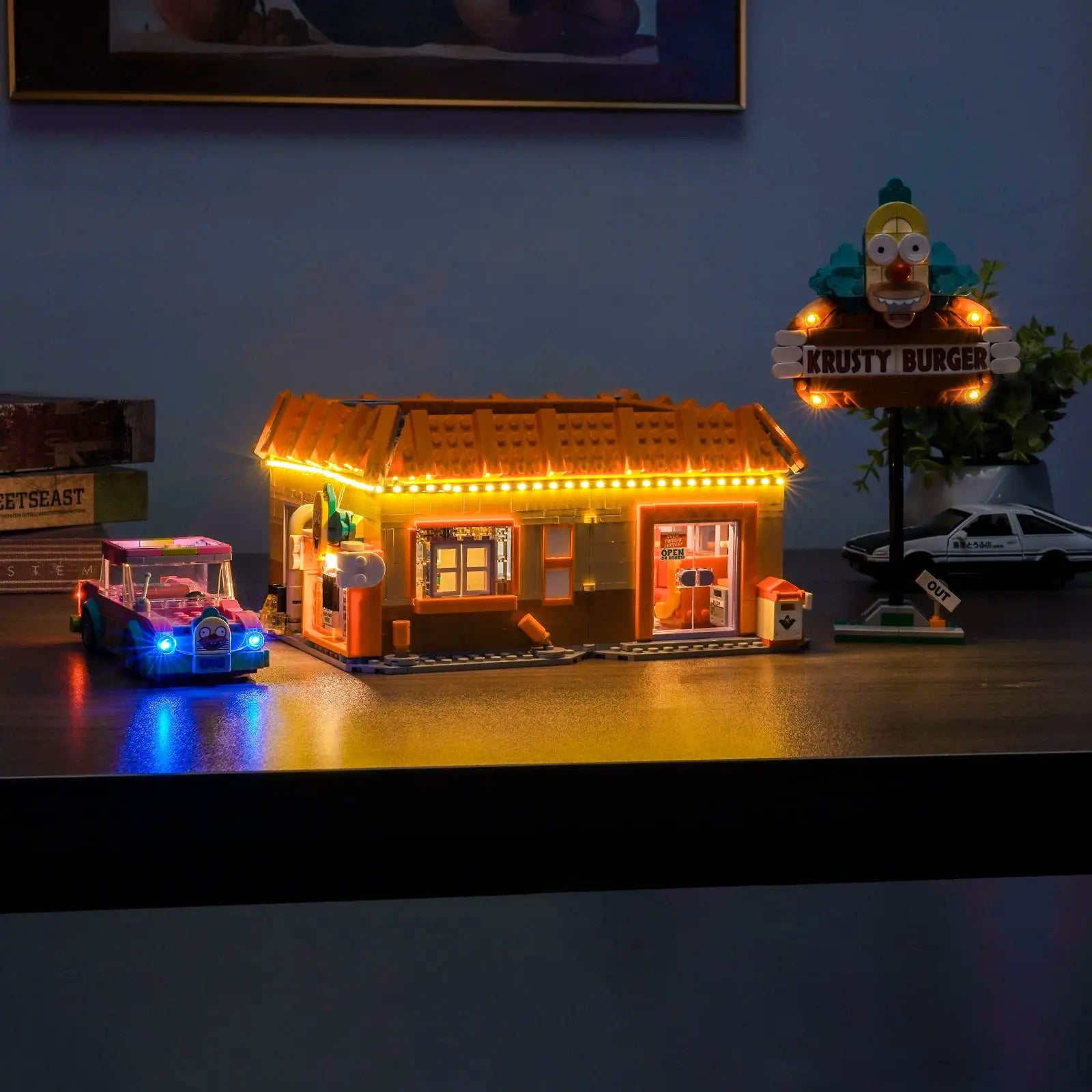 Image showcasing LEGO® Simpsons sets illuminated with Bright My Bricks LED light kits. Add playful, easy-to-install lighting to your favorite Springfield scenes for a fun and vibrant collector’s display.