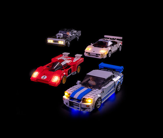 LEGO Speed Champions custom LED lights highlighting sleek supercars and legendary race cars with vibrant illumination