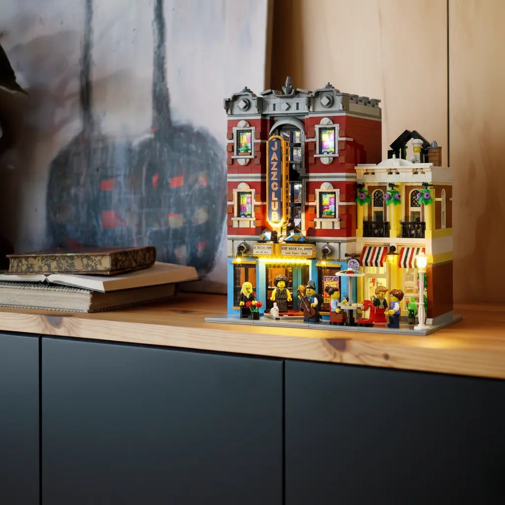 Image showcasing LEGO® buildings and modular sets beautifully illuminated with Bright My Bricks LED light kits. Perfect for highlighting architectural creations with easy-to-install, professional lighting effects.