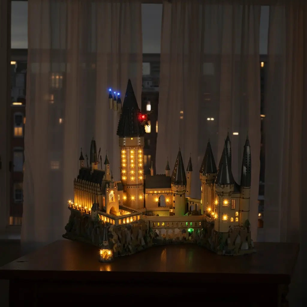 Image of LEGO® Harry Potter sets beautifully illuminated with Bright My Bricks LED kits. Perfect for collectors wanting to add enchanting, easy-to-install lighting to Hogwarts and magical scenes.