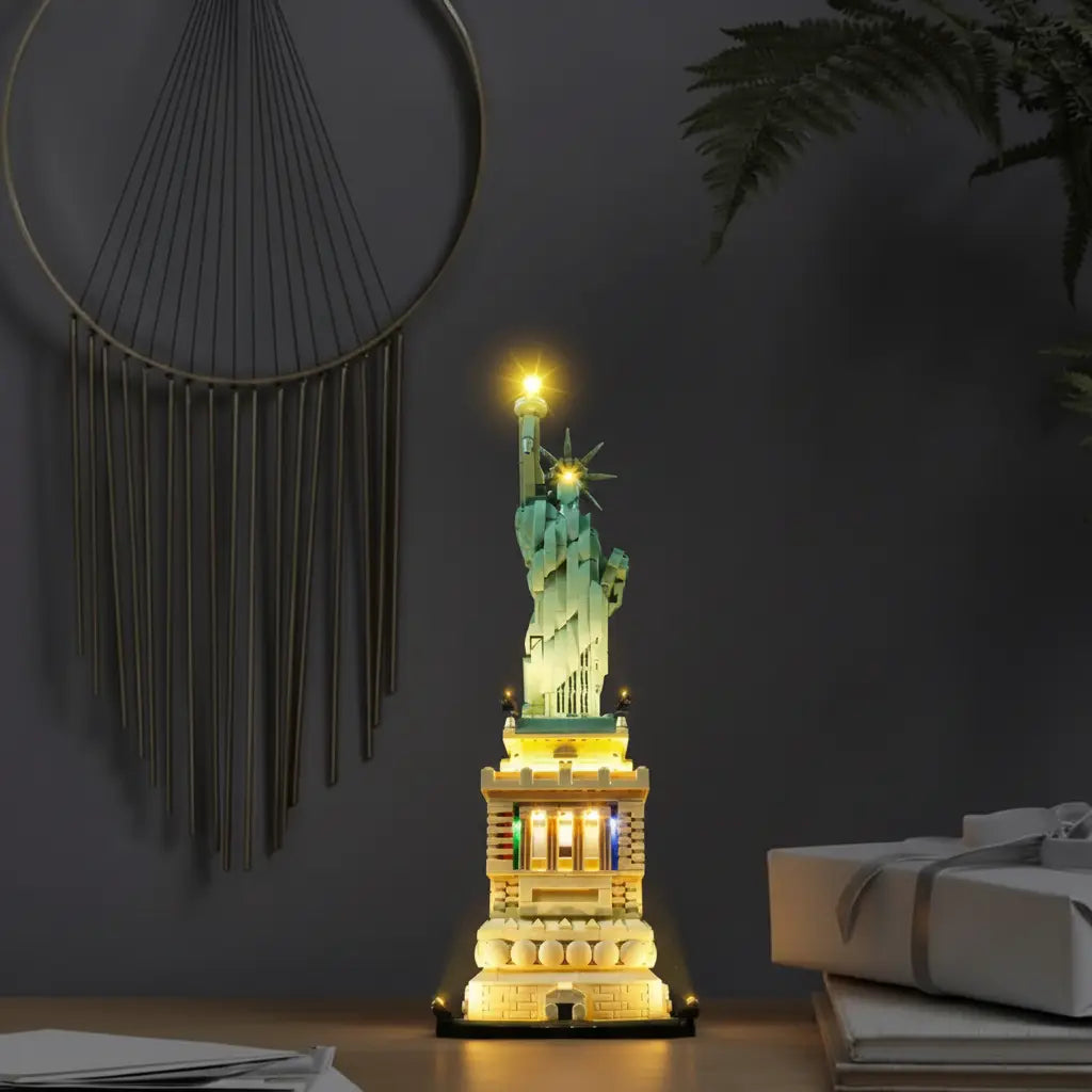 Image of the LEGO® Architecture Statue of Liberty set illuminated with a Bright My Bricks LED light kit. Perfect for collectors wanting to enhance this iconic monument with stunning, easy-to-install lighting.
