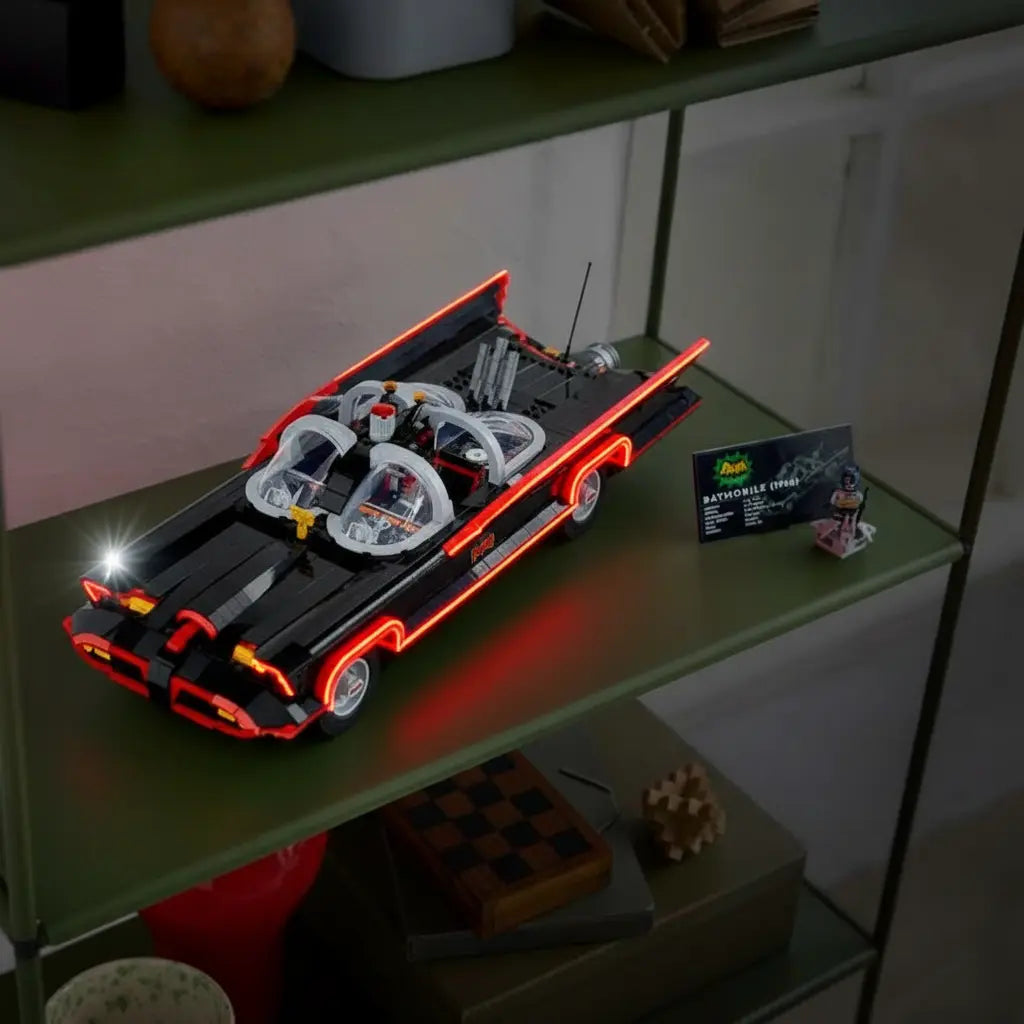 Image featuring LEGO® Batmobile sets illuminated with Bright My Bricks LED light kits. Perfect for Batman fans looking to showcase their iconic vehicles with dramatic, easy-to-install lighting effects.