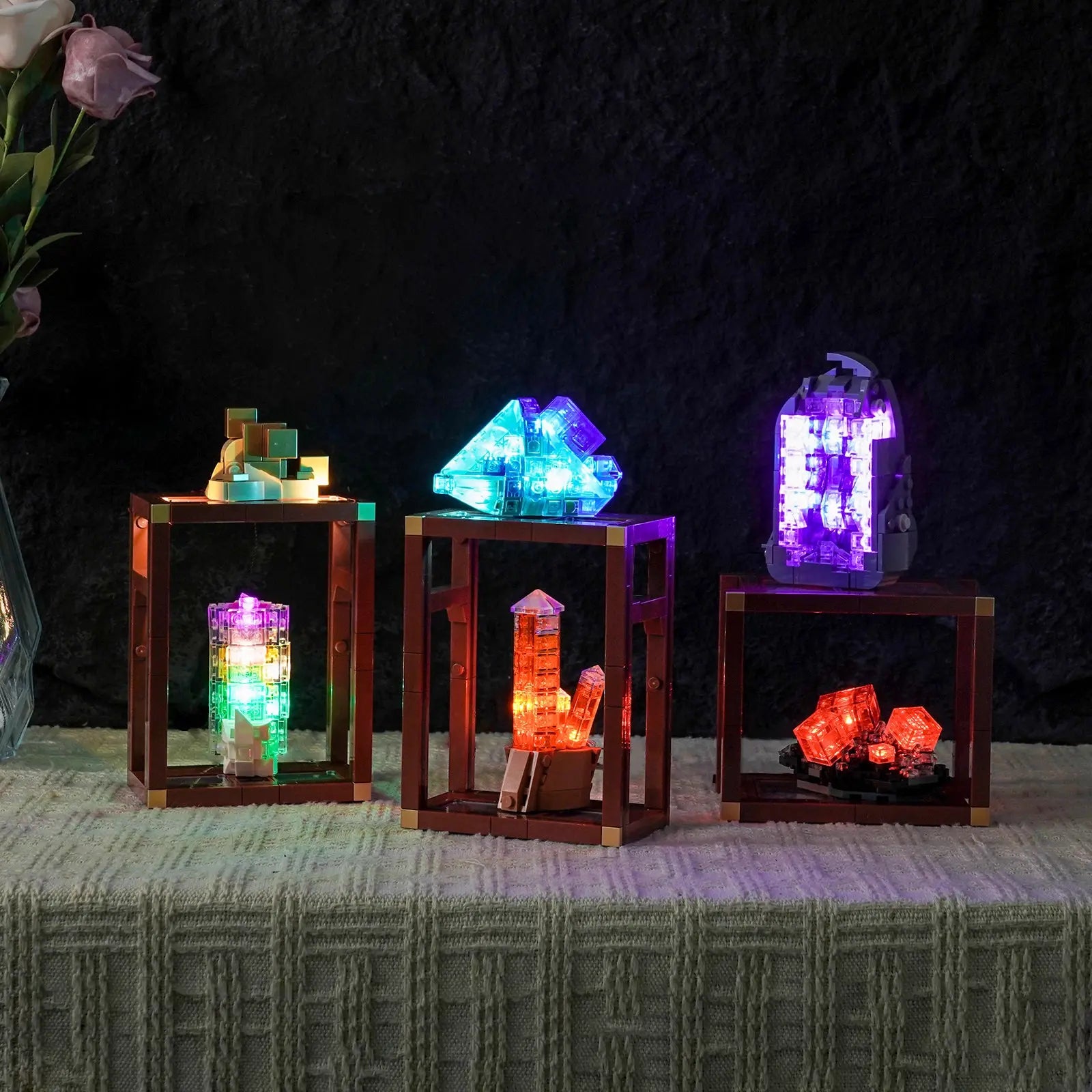 The entire LEGO Ideas Mineral Collection 21362 is beautifully illuminated with a custom light kit by Bright My Bricks.