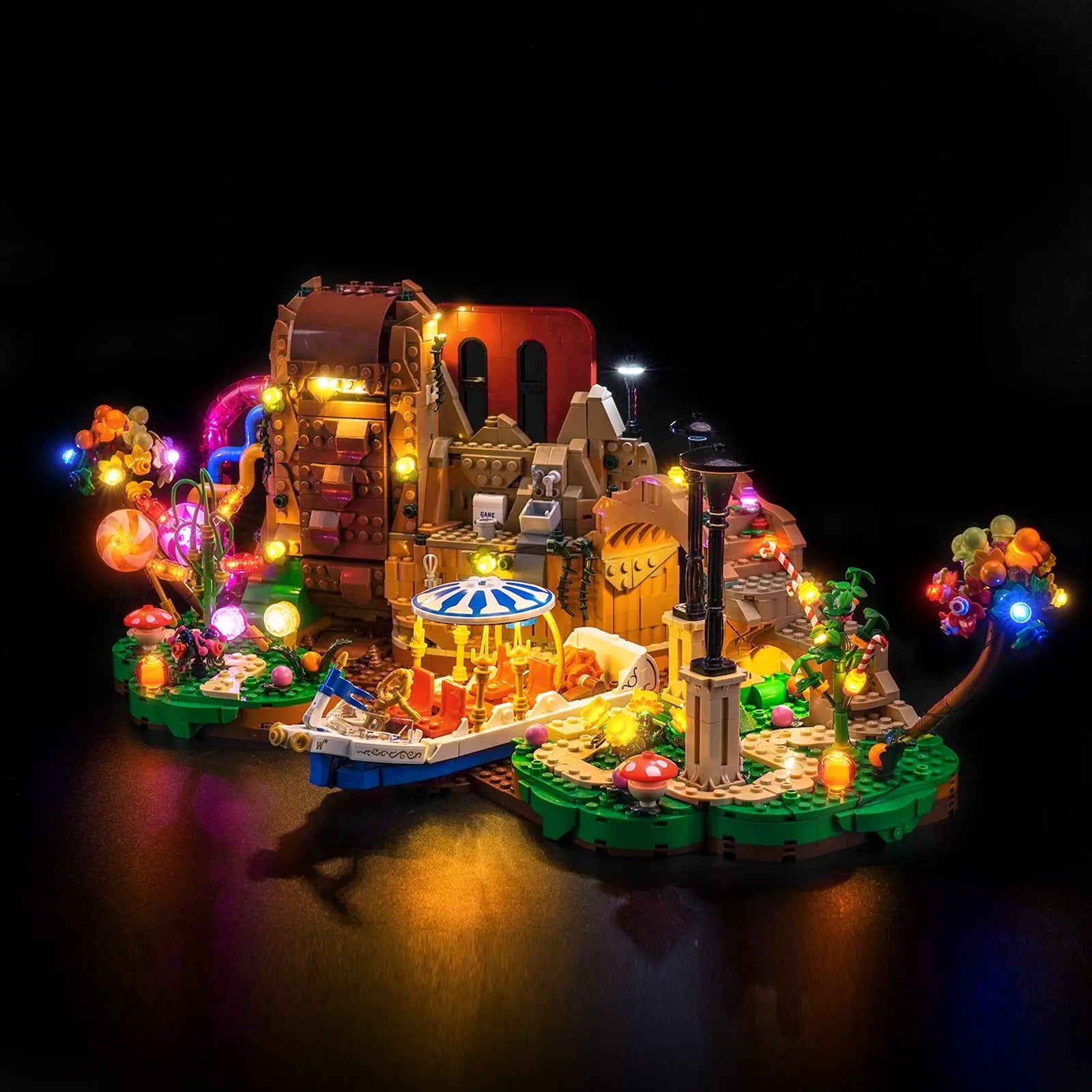 A close-up of the glowing chocolate river and waterfall in the LEGO Willy Wonka set, creating a delicious flowing light effect.