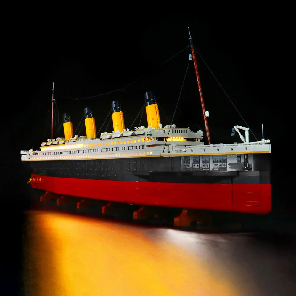 A close-up of the iconic funnels on the LEGO Titanic 10294, featuring a warm, powerful glow from our standard light kit.