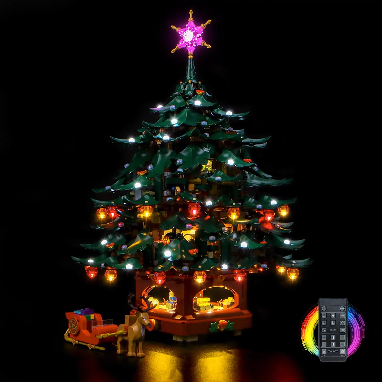 The LEGO Icons Family Christmas Tree 41843 is beautifully illuminated with a warm, festive glow from a Bright My Bricks light kit.