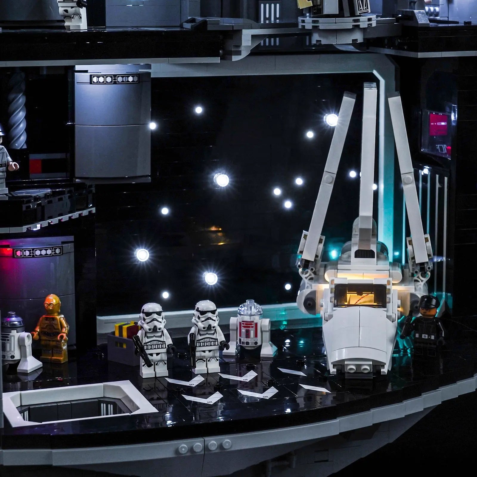 Our light kit for LEGO Death Star 75419 illuminates the hangar bay and a micro TIE Interceptor with crisp white lighting.