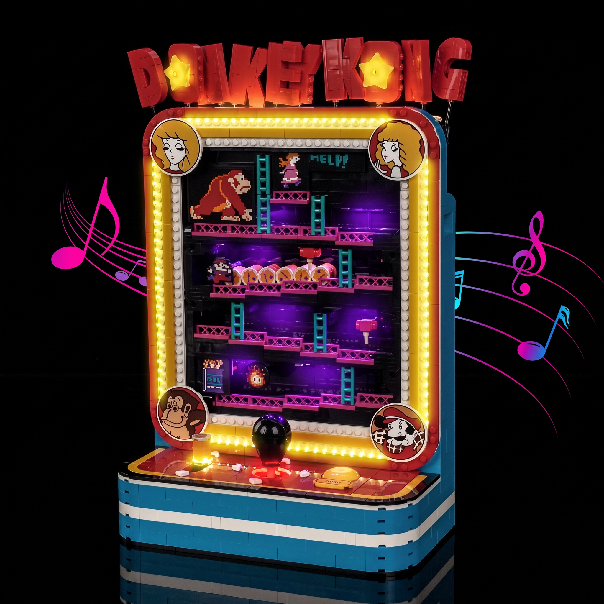 LEGO® Super Mario Donkey Kong Arcade #72051 display lighting in a dark room, with the premium LED light kit