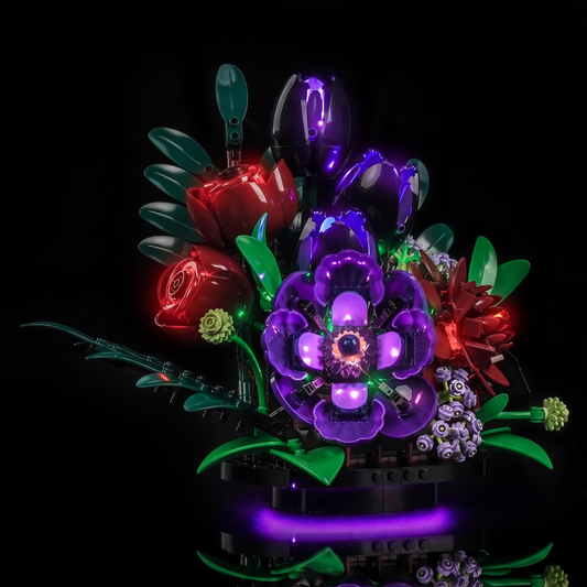 Close-up of the illuminated flowers on LEGO® Dark Flower Arrangement #11513