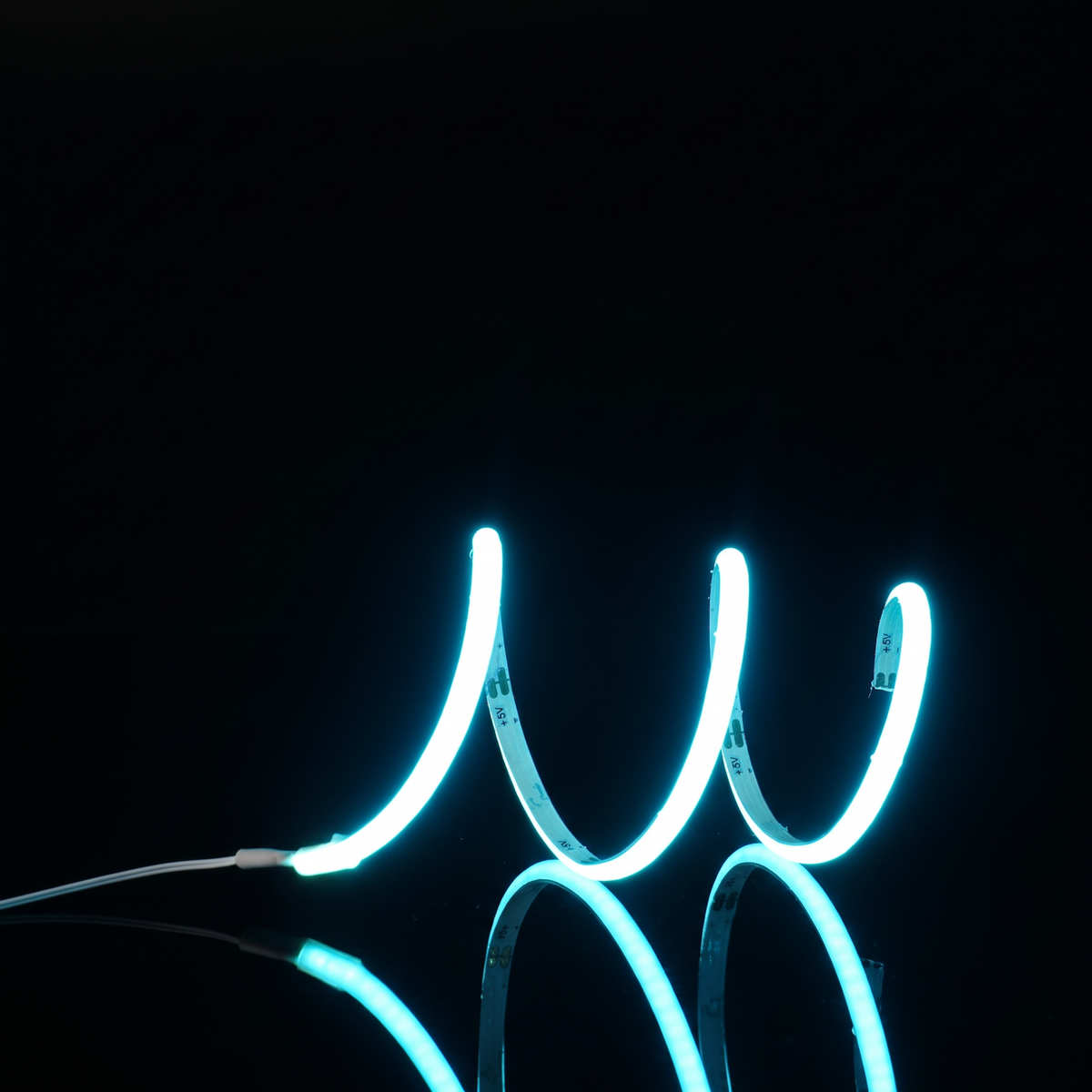 Pack of three ice blue COB LED strips glowing on a black reflective surface