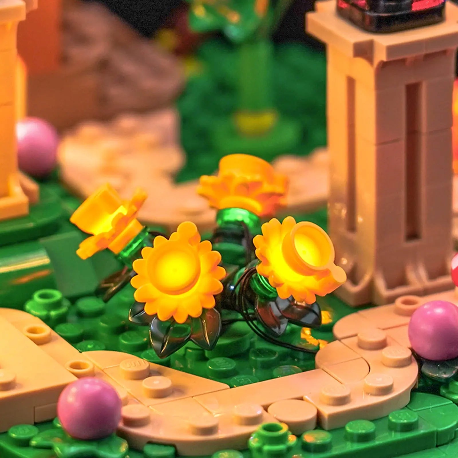 The LEGO Willy Wonka 21360 set in a dark room, where the Bright My Bricks lights create a truly wondrous and immersive experience.