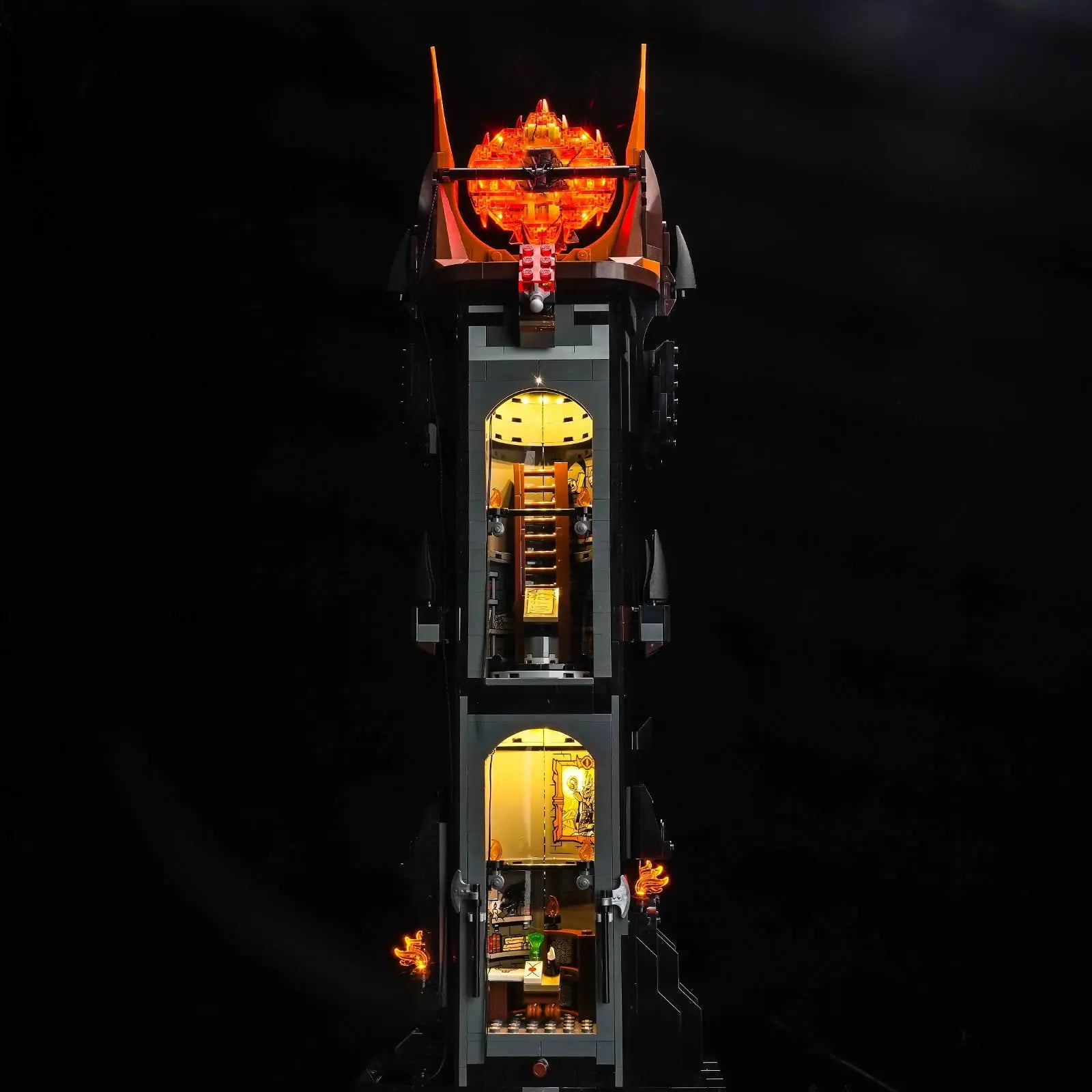 A view of the open-back tower, showing how our light kit illuminates each detailed interior room of LEGO Barad-dûr.