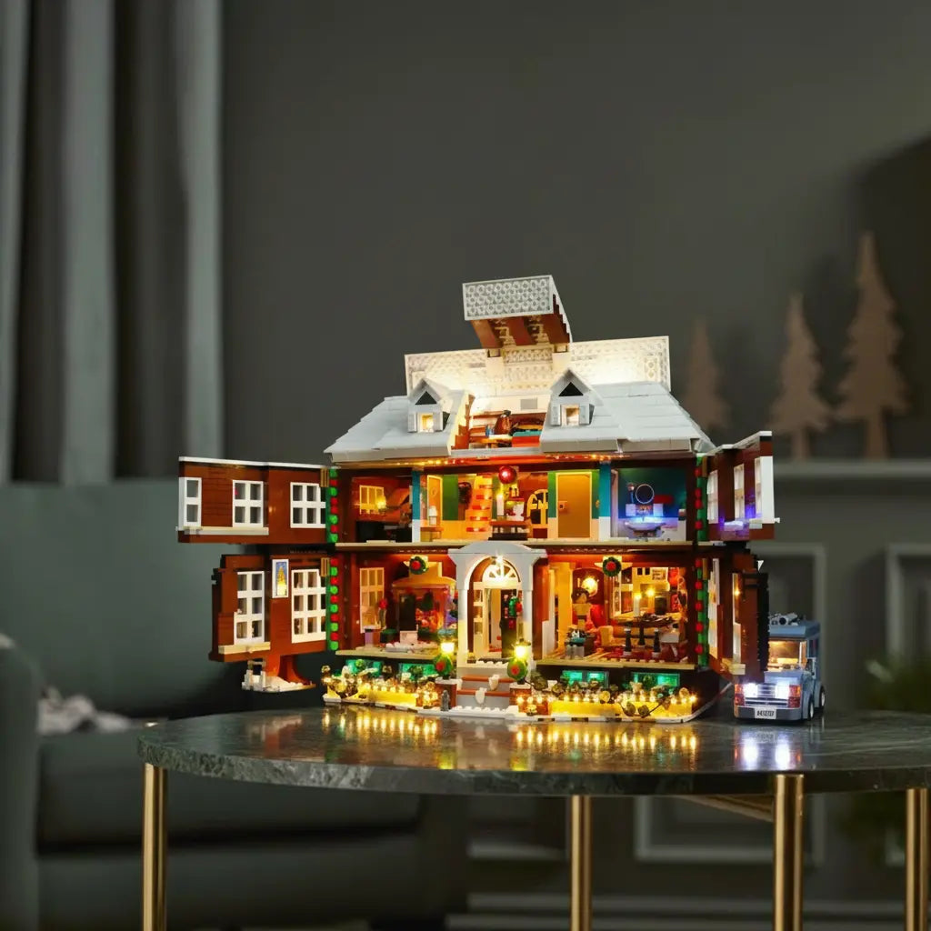A peek inside the LEGO Home Alone house, with interior rooms and Kevin's traps illuminated by our custom lighting.