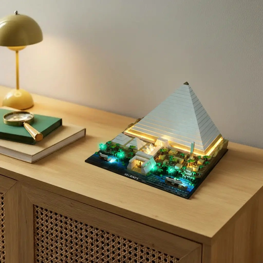 A cross-section view of the LEGO Pyramid of Giza, with a light kit revealing the hidden tunnels and chambers within.