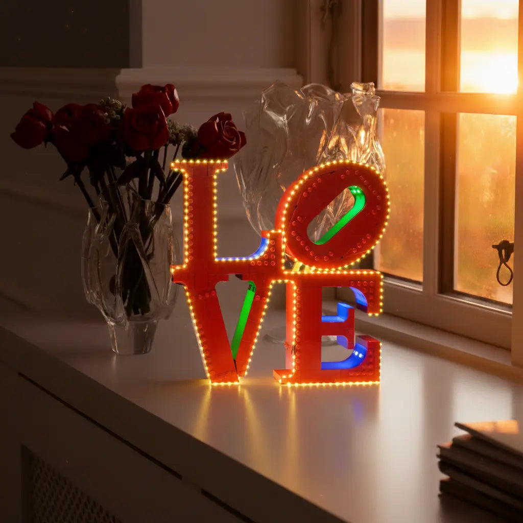 The vibrant colors and 3D letters of the LEGO Art LOVE 31214 piece are enhanced by a custom Bright My Bricks light kit