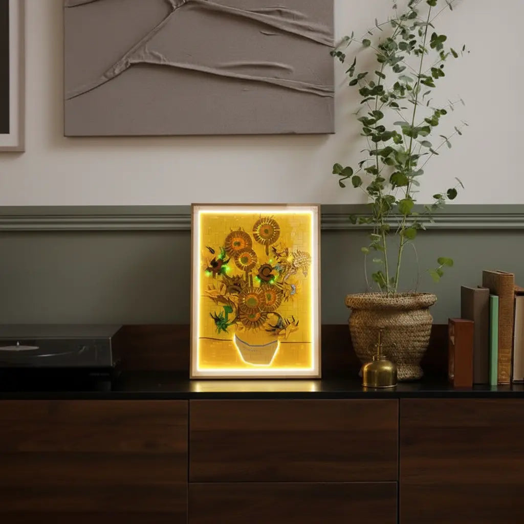 The LEGO Art Vincent van Gogh Sunflowers 31215 brought to life with a subtle light kit enhancing the 3D texture of the petals.