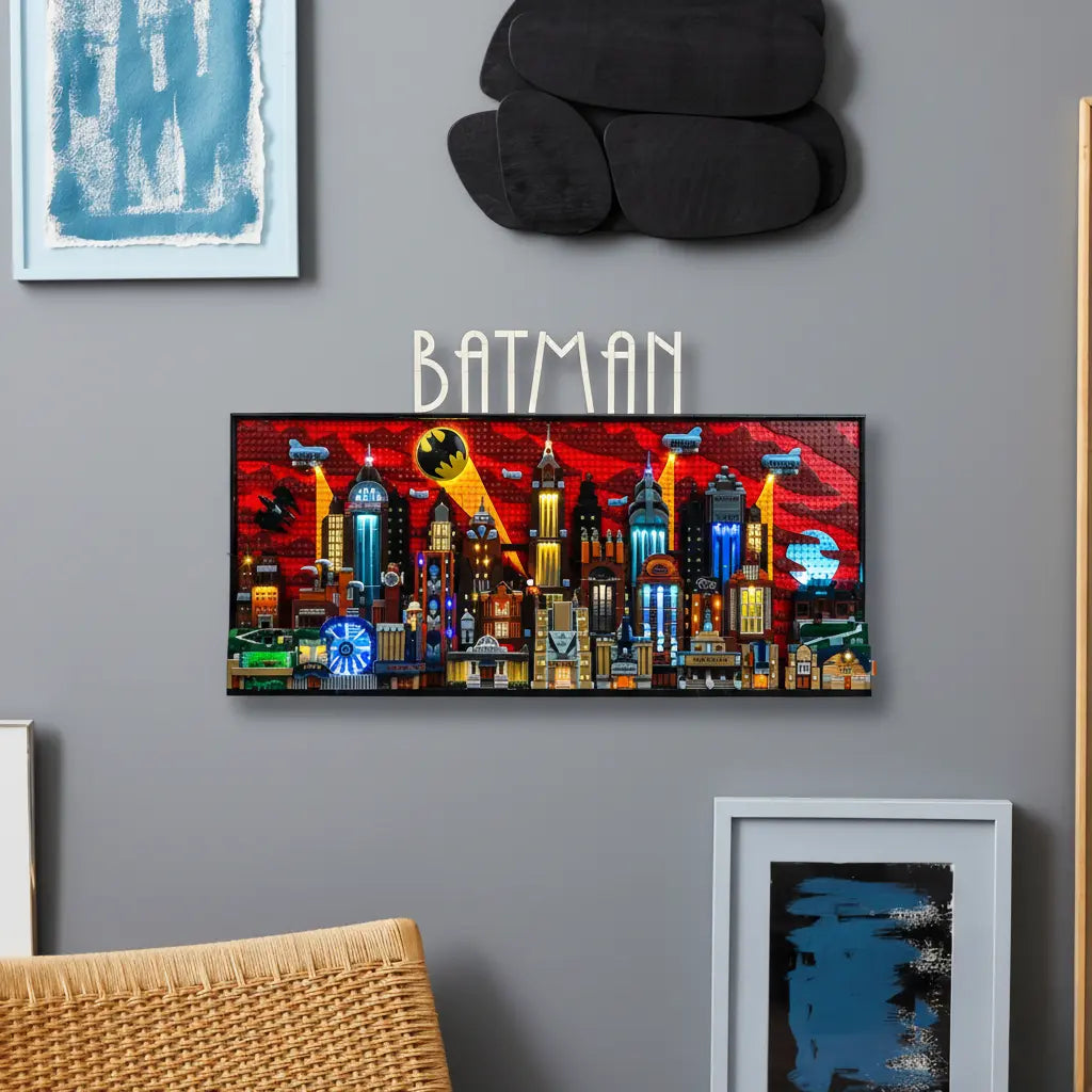 The LEGO Gotham City skyline 76271 is transformed by red and white lights from a Bright My Bricks kit.